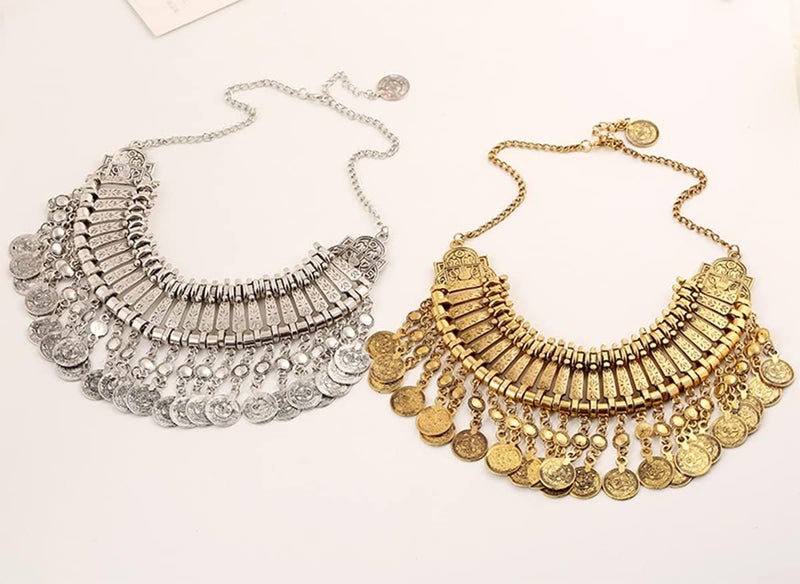 CCBFY Long Tassel Chunky Boho Coin Statement Necklace For Women Silver - Image 5